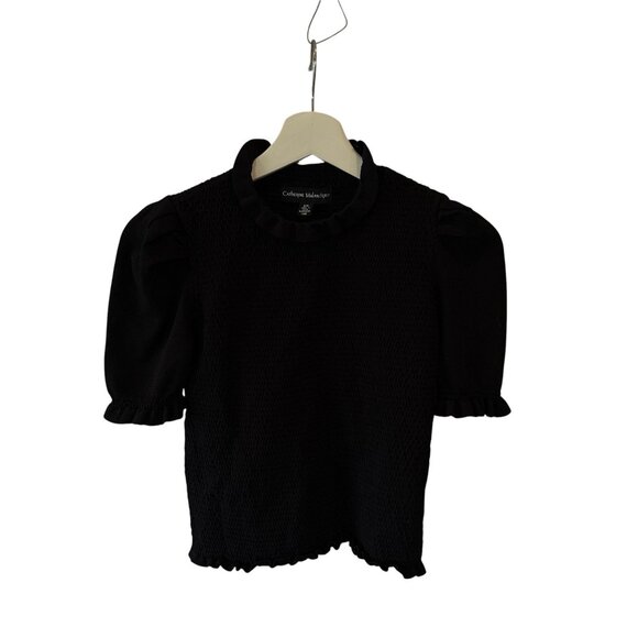 Catherine Malandrino Black Puff Sleeve Ruffle Knit Top Small Petite Whimsygoth - Picture 1 of 8